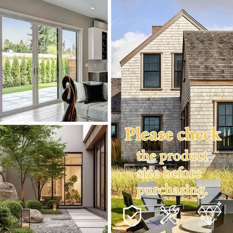 Collage of modern home exteriors and interiors with sliding glass patio doors, featuring a note to check product size before purchasing.