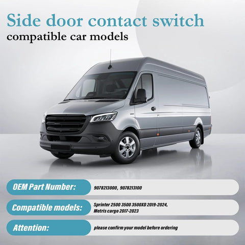 Sprinter van silhouette, text promoting sliding door contact switch compatible with 2019-2024 Sprinter 2500 3500, 2017-2023 Metris