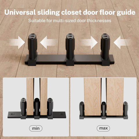 Sliding Closet Door Floor Guide with Adjustable 3-Roller Design for Double Bypass Door, showcasing min and max door thickness range.