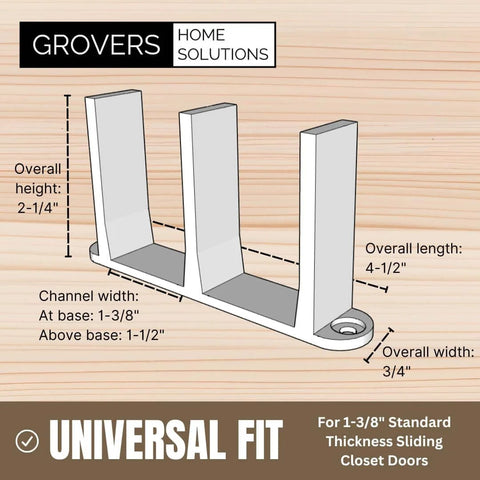 Sliding Closet Door Floor Guide Bracket dimensions, Universal Fit for 1-3/8" Width Bypass Doors, Single Unit, White, Grovers Home Solutions