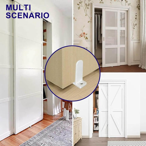 Sliding Closet Door Floor Guide, ABS Sliding Closet Door Hardware for 1-3/8" Thick Door, White Closet Door Guides for Cabinet Floor with Screws in various settings, showing installation.