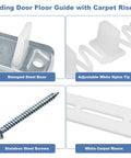 Sliding Closet Door Floor Guides With Carpet Risers showing stamped steel base, adjustable white nylon tip, stainless screws.