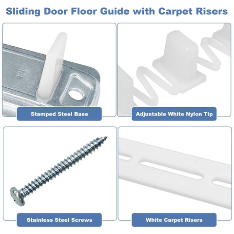 Sliding Closet Door Floor Guides With Carpet Risers showing stamped steel base, adjustable white nylon tip, stainless screws.