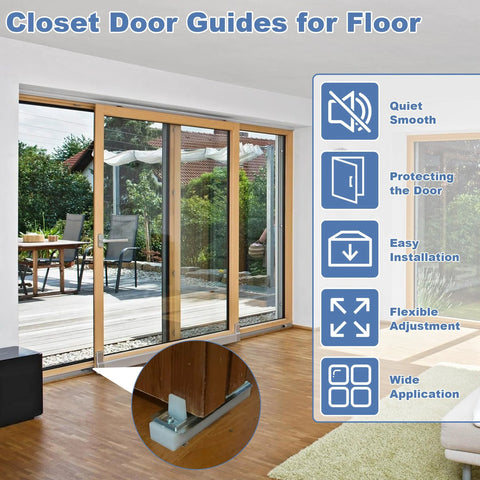 Sliding Closet Door Floor Guides With Carpet Risers installed on wooden floor with large glass sliding doors in background