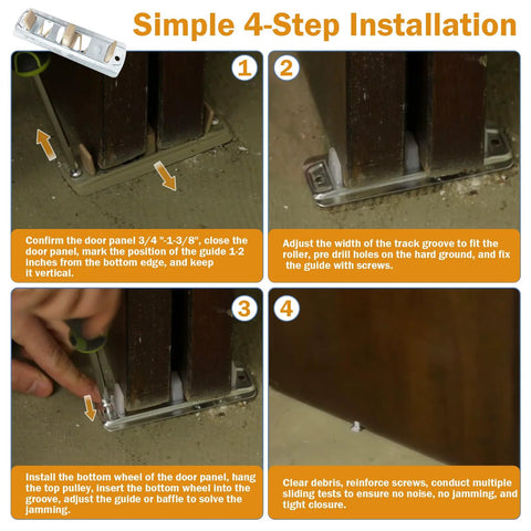 Installation steps for Premium Sliding Closet Door Floor Guide Kit, Adjustable Stamped Steel Hardware, 8 Pack, Prime-Line N 6560 compatible.