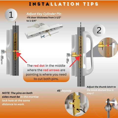 Installation guide for Sliding Glass Door Handle Replacement Kit In All Aluminum Mortise Style with diagrams showing adjustable features.