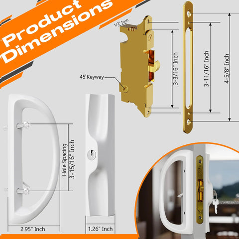 Product dimensions of Sliding Glass Door Handle Replacement Kit in all aluminum mortise style with 3 15/16 inch hole spacing