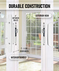 Sliding Glass Door Handle Replacement Kit With White Mortise Handle And Non Keyed Lock All Aluminum Construction Reversible Mortise Style Fits Doors From 1 3/8 Inch To 1 3/4 Inch 3 15/16 Inch Between Holes Ideal For Replacing Swollen Wood Handles, showing interior and exterior view on patio doors.