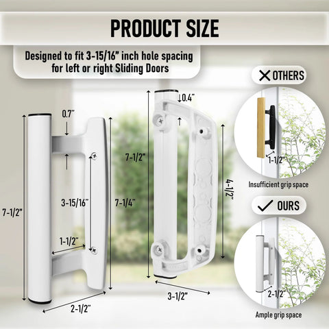 Sliding Glass Door Handle Replacement Kit With White Mortise Handle And Non Keyed Lock All Aluminum Construction Reversible Mortise Style Fits Doors From 1 3/8 Inch To 1 3/4 Inch 3 15/16 Inch Between Holes Ideal For Replacing Swollen Wood Handles, showing dimensions and design comparison with other handles