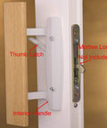 Mortise Style Reversible Sliding Patio Door Handle Set With Oak Wood Interior Handle And Exterior Pull In White Diecast Finish