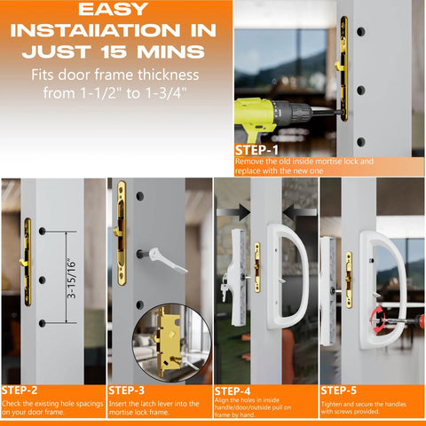 Sliding Glass Door Handle Replacement Kit In All Aluminum Mortise Style, Reversible And Non-Keyed, 3 15/16 Inch Hole Spacing installation
