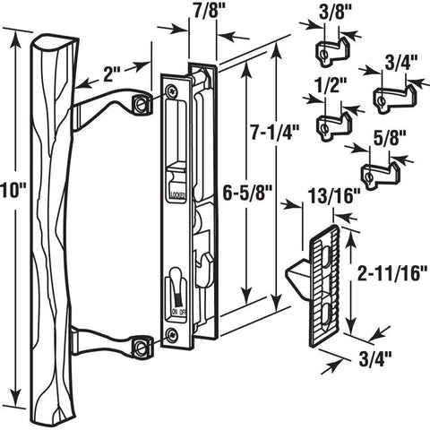 Diagram of Sliding Door Handle Set Six And Five Eighths Inch Flush Mount Hook Style Diecast And Wood Construction Keyed Lock.