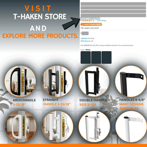 Multiple views of a sliding glass door handle replacement kit in all aluminum mortise style, reversible and non-keyed, versatile designs.