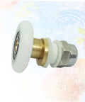 Close-up of a single sliding door hanging roller with white ABS body, stainless steel axle, and brass components, part of 4 Pcs Set.