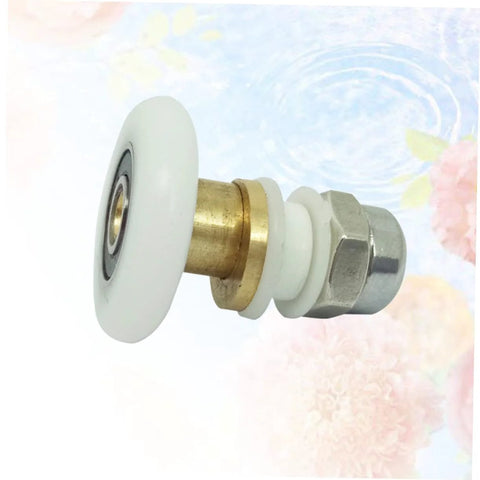 Close-up of a single sliding door hanging roller with white ABS body, stainless steel axle, and brass components, part of 4 Pcs Set.