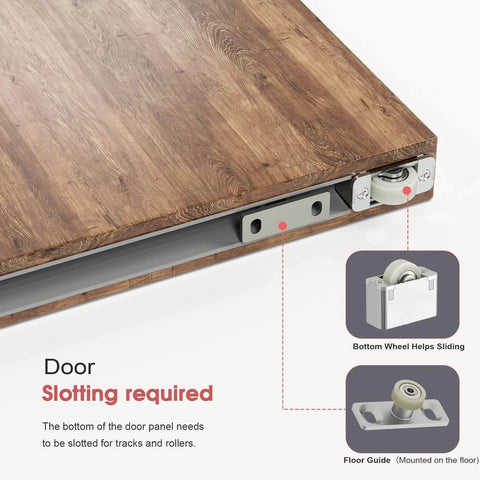 Close-up of wooden door bottom showing slotted section for 36" Concealed Sliding Barn Door Hardware Kit with Soft Close Mechanism setup.