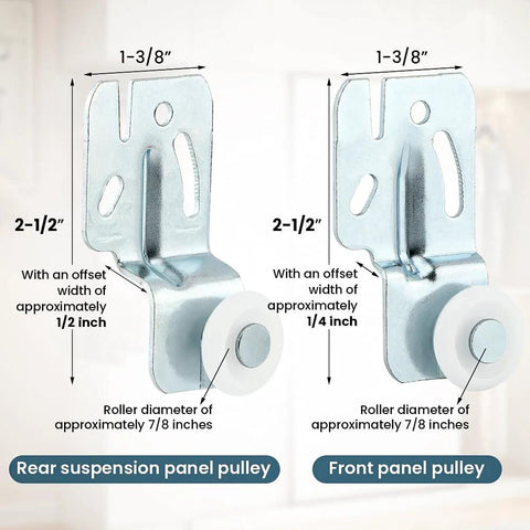 Metal brackets with wheels, rear and front offset, 7/8 inch diameter rollers, part of Top Hung Sliding Door Roller Kit Wardrobe Hardware For Bypass Doors 4Pcs Closet Wheels Compatible With 3/4 Inch To 1-3/8 Inch Thick Sliding Doors 7/8 Inch Diameter Rollers Front Offset 1/4 Inch Rear Offset 1/2 Inch.