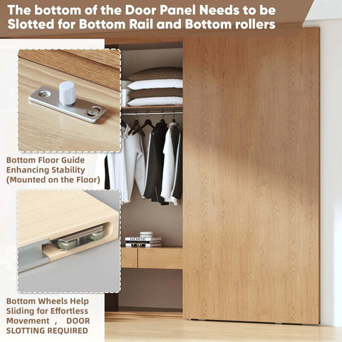 Trackless Sliding Door Hardware Kit 48 Inch Hidden Barn Door System for Interior Wooden Doors with Bottom Floor Guide and Rollers
