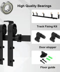 Five Foot Ceiling Mounted Sliding Barn Door Hardware Kit For Wooden Doors components, bearings, and accessories shown.
