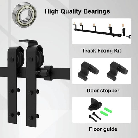 Five Foot Ceiling Mounted Sliding Barn Door Hardware Kit For Wooden Doors components, bearings, and accessories shown.