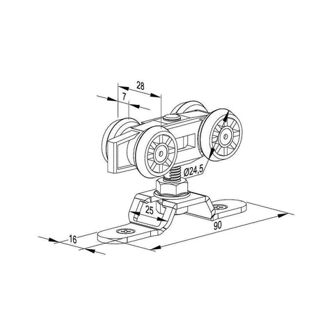 Technical drawing of a roller component for Sliding/Pocket Door Hardware Kit - 59-inch Track for 1 Door Up to 130lbs - SLID'UP 160.