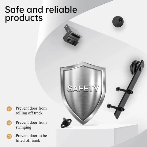 Safety features of 16 FT Heavy Duty Sliding Barn Door Hardware Track Kit with Straight Pulley, showcasing steel components and shield emblem