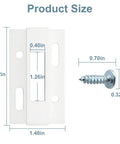 Sliding Door Keeper For Hook Style Latch E 2124 Replacement Latch dimensions with white surface-mount, includes screw.