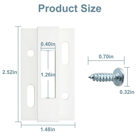 Sliding Door Keeper For Hook Style Latch E 2124 Replacement Latch dimensions with white surface-mount, includes screw.