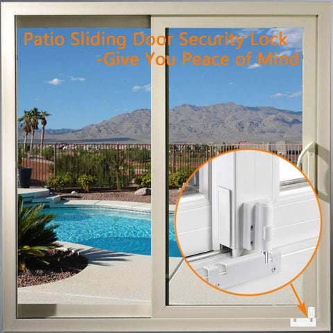 Patio Sliding Door Security Foot Lock Kick Lock, Fits on Top Rail-Childproof patio Door guardian-or Bottom Rail-Foot Operated-Keep Your Family Safe and Secure(1 Pack,White) installed on glass sliding door with pool view.