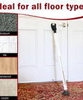 Three Pack Adjustable Sliding Door Lock Bar With Removable Y Head And Non Slip Base For Home, Apartment And Travel Use, Length Adjustable Pin For Precise Fit, Supports Up To 400 Pounds, Two In One Design For Hinged Doors, Sliding Doors, And Windows installed on white door showing compatibility with various floor types.