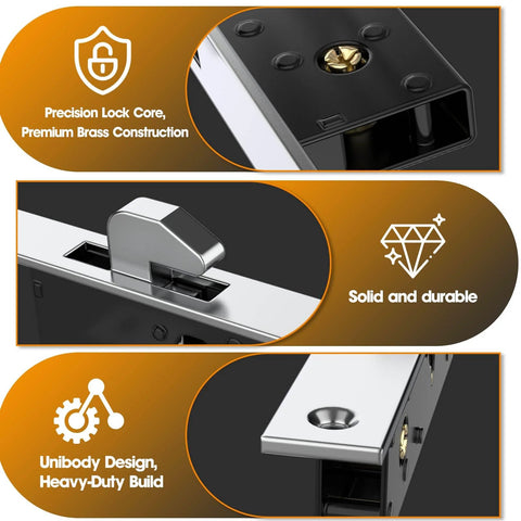 Sliding Door Lock for Glass and Patio Doors, Mortise Style with High Security Square Bolt Plus Safety Hook Latch, product close-up