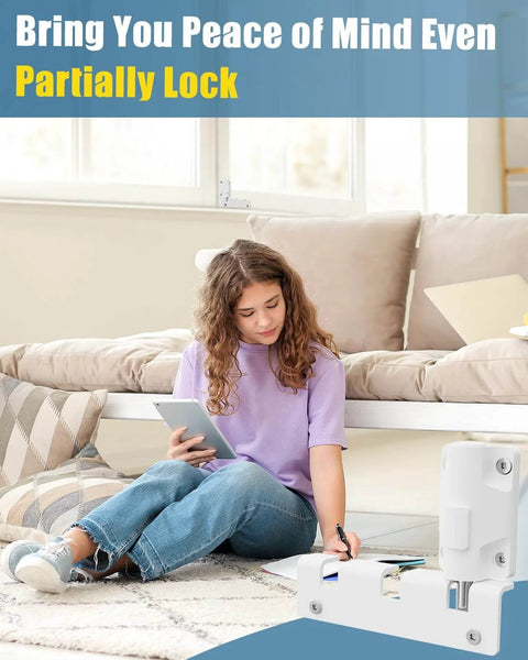 Sliding Door Lock Window Locks for Patio Sliding Glass Door Foot Locks for Front Door Security Bar Stoppers Top Horizontal Childproof Keyless Safety Lock from Inside Home Apartment Hotel Essentials with girl reading and lock inset