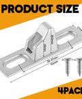 Close-up of a chrome-plated sliding door keeper lock with screws, showing dimensions, part of a 4 Piece Sliding Door Keeper Locks Set With Mounting Screws For Glass Patio Doors And Gates, Wide Chrome Plated Diecast Latches, Replacement Hardware For Sliding Glass Doors, Durable And Easy To Install.