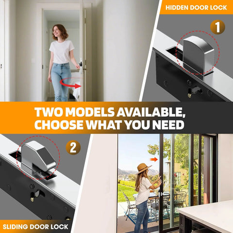 Sliding Door Lock for Glass and Patio Doors, Mortise Style with High Security Square Bolt Plus Safety Hook Latch, two models shown