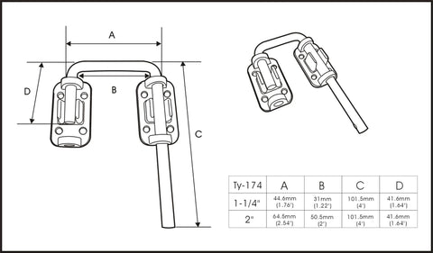 Technical diagram of Sliding Door Loop Lock 2 Inch Matte Black for patio French doors with dimensions and installation details.