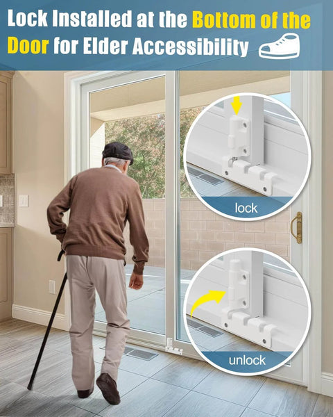 Sliding Door Lock Window Locks for Patio Sliding Glass Door Foot Locks for Front Door Security Bar Stoppers Top Horizontal Childproof Keyless Safety Lock from Inside Home Apartment Hotel Essentials shown on sliding glass door with elder using cane.