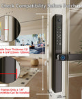 Keyless Sliding Door Lock With Handle For Patio And Glass Doors Featuring Fingerprint Code RFID Card Keypad App Remote Control Slim Frame Fits Door Thickness From One Inch To Four And Three Quarters Inches And Requires Frame Width One Point Eight Inches installed on a door