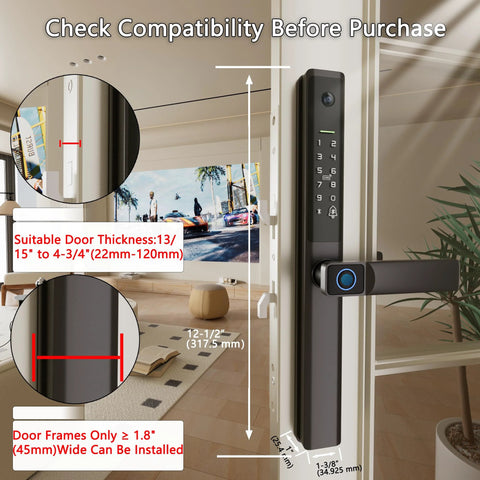 Keyless Sliding Door Lock With Handle For Patio And Glass Doors Featuring Fingerprint Code RFID Card Keypad App Remote Control Slim Frame Fits Door Thickness From One Inch To Four And Three Quarters Inches And Requires Frame Width One Point Eight Inches installed on a door