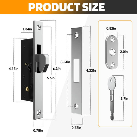 Product size chart for Sliding Door Lock for Glass and Patio Doors, Mortise Style with High Security Square Bolt Plus Safety Hook Latch