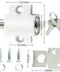 Sliding Door Keyed Lock Push In Replacement Kit For Patio Doors Home Office And Classroom Includes One Lock Two Clasps Two Cores Two Keys And Mounting Screws Heavy Duty Die Cast Housing And Hardened Steel Bolts For Durable Secure Button Locking, showing components and measurements.
