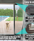 Sliding Glass Door Lock And Bolt For Patio Doors Childproof Safety Rail Lock For Top Or Bottom Mount Fits Most Sliding Doors And Windows White 1 Pack Easy Install To Stop Drafts And Water Seepage, showing lock details and a dog outside.