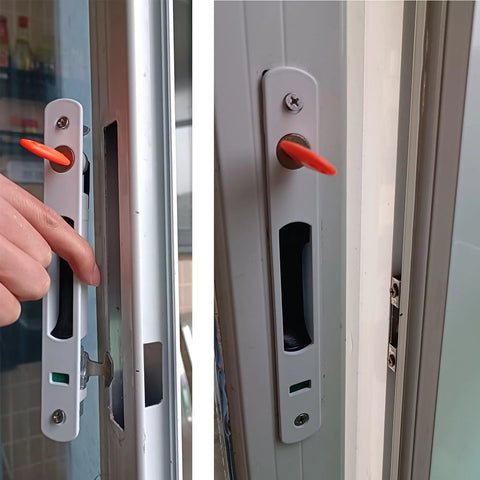 2 Piece Sliding Door Lock Set With Keys For Aluminum Doors And Windows Embedded Flush Mount Single Sided Hook Locks Durable Stainless Steel And Aluminum Alloy Construction Includes 2 Locks And 2 Keys shown installed on door.