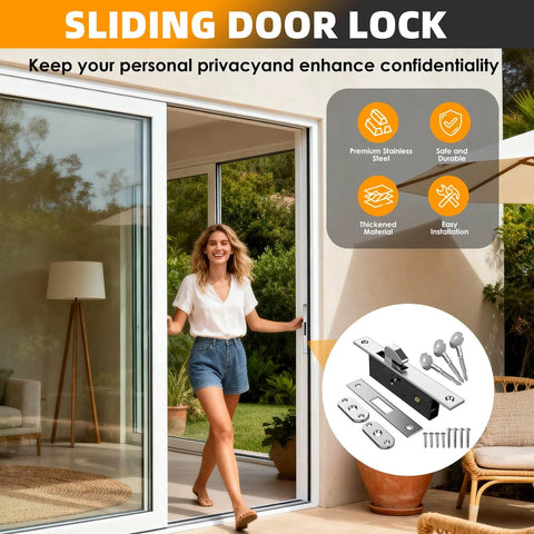 Sliding Door Lock for Glass and Patio Doors, Mortise Style with High Security Square Bolt Plus Safety Hook Latch, installation view