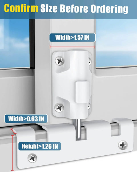 Sliding Door Lock Window Locks for Patio Sliding Glass Door Foot Locks for Front Door Security Bar Stoppers Top Horizontal Childproof Keyless Safety Lock from Inside Home Apartment Hotel Essentials with size details shown in inches.