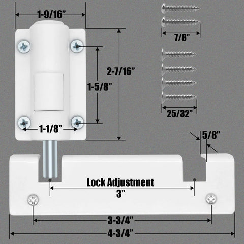 Sliding Glass Door Lock And Bolt For Patio Doors Childproof Safety Rail Lock For Top Or Bottom Mount White with dimensions