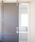 Invisible Recessed Pocket Door Lock With Hidden Handle And Keys, Ideal For Sliding Barn Wood Doors, Silver Finish, installed view.