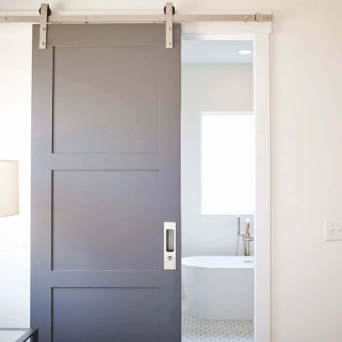 Invisible Recessed Pocket Door Lock With Hidden Handle And Keys, Ideal For Sliding Barn Wood Doors, Silver Finish, installed view.