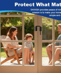 Family sitting on patio, visible through glass door with installed 2 Pack 2.36 Inch Patio Sliding Door Loop Lock for 90 to 180 Degree Glass Doors.