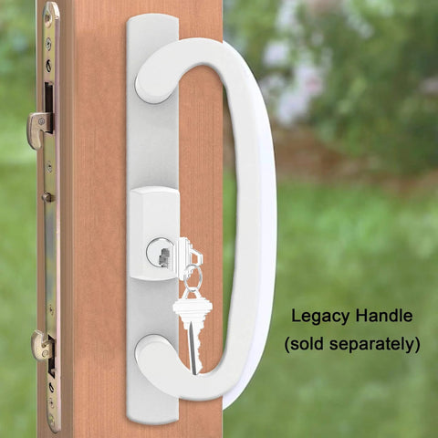 2 Point Sliding Patio Glass Door Mortise Lock with 11-3/4" Faceplate, shown installed with keys in lock on wooden door