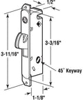Diagram of adjustable mortise lock for sliding patio doors delivers reliable security with a spring loaded hook latch and dimensions.